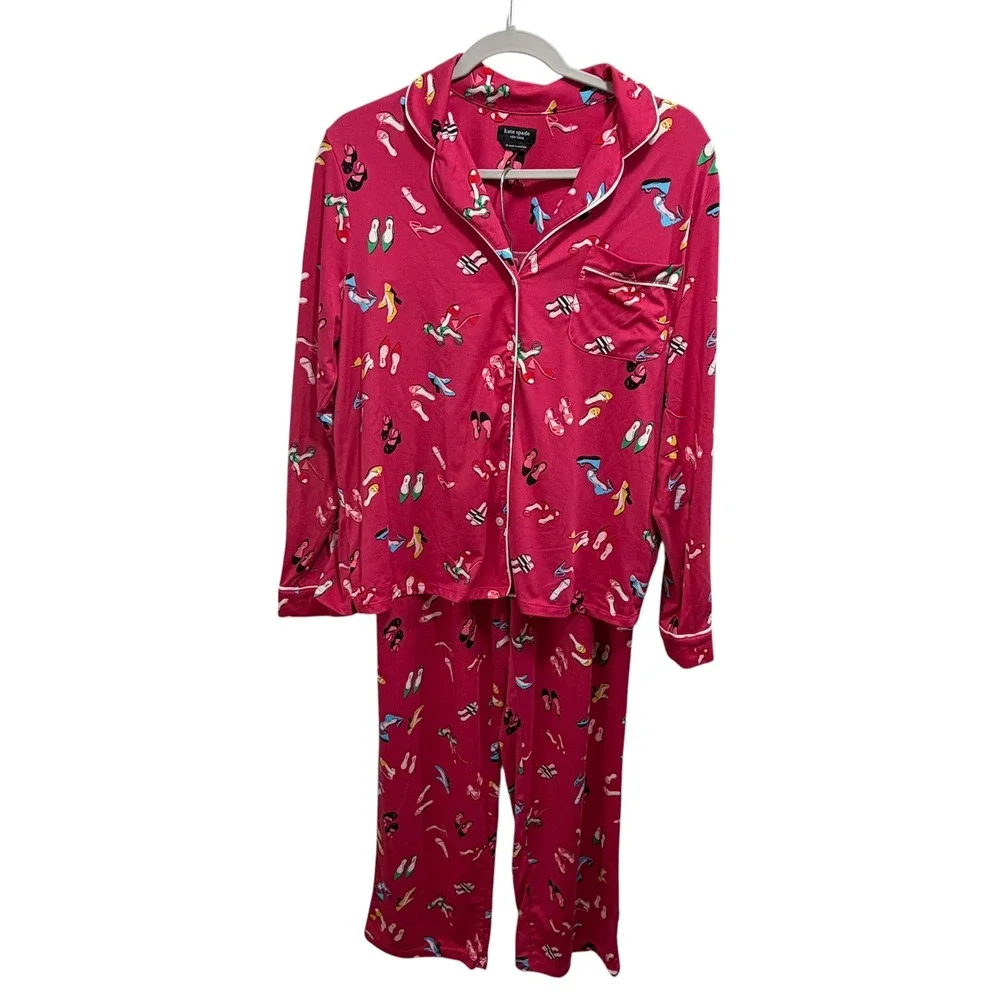 Kate Spade New York Pink High Heel Shoe Print Pajama Set Long Sleeve Pants M